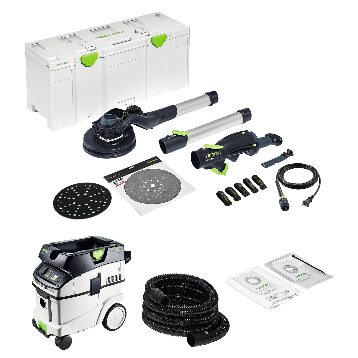 Ponceuse à cloison sèche Festool Planex 2.0 LHS 225 EQI-Plus et aspirateur avec Autoclean CT 36 EI AC (pack combiné)