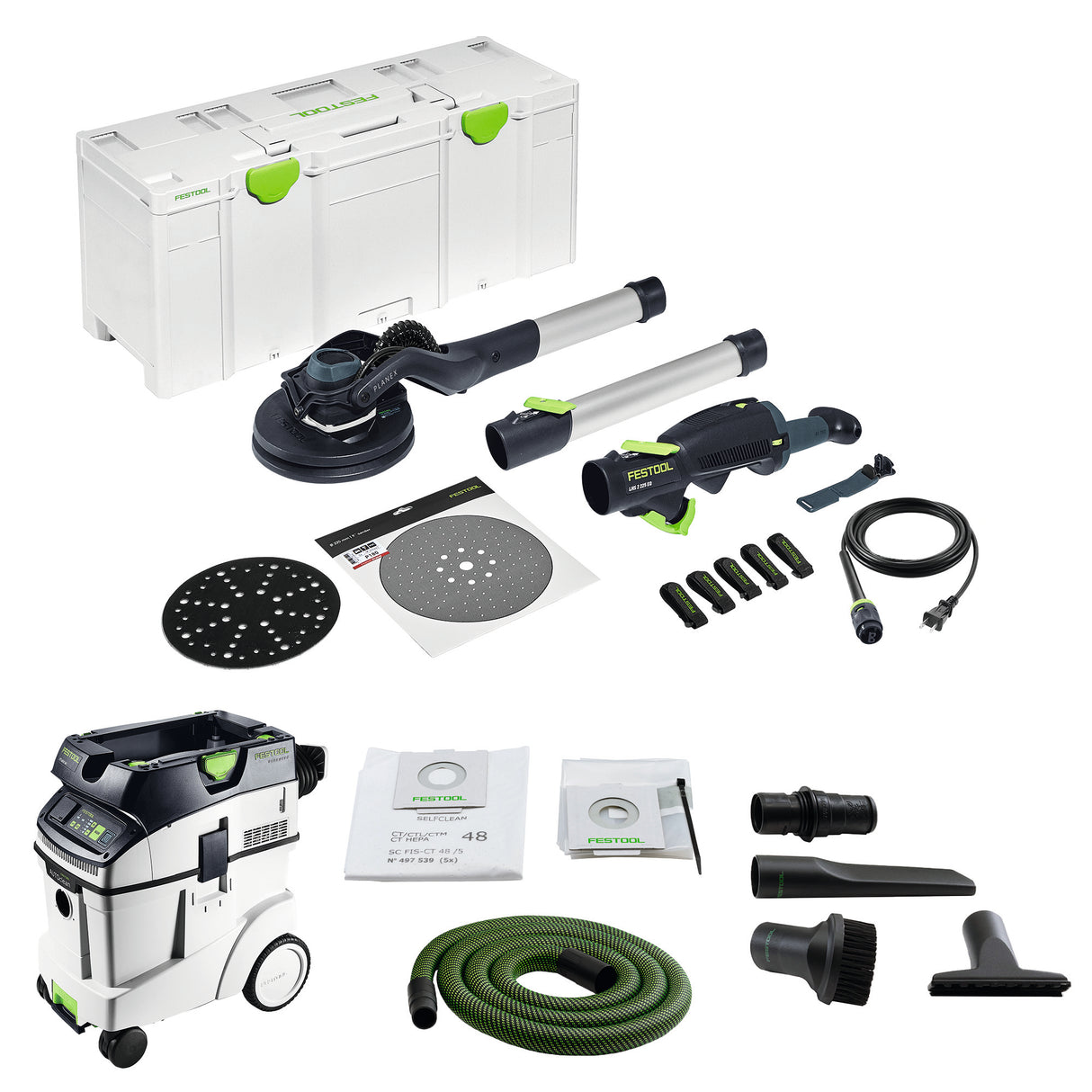 Ponceuse à cloison sèche Festool Planex 2.0 LHS 225 EQI-Plus et aspirateur avec Autoclean CT 48 EI AC