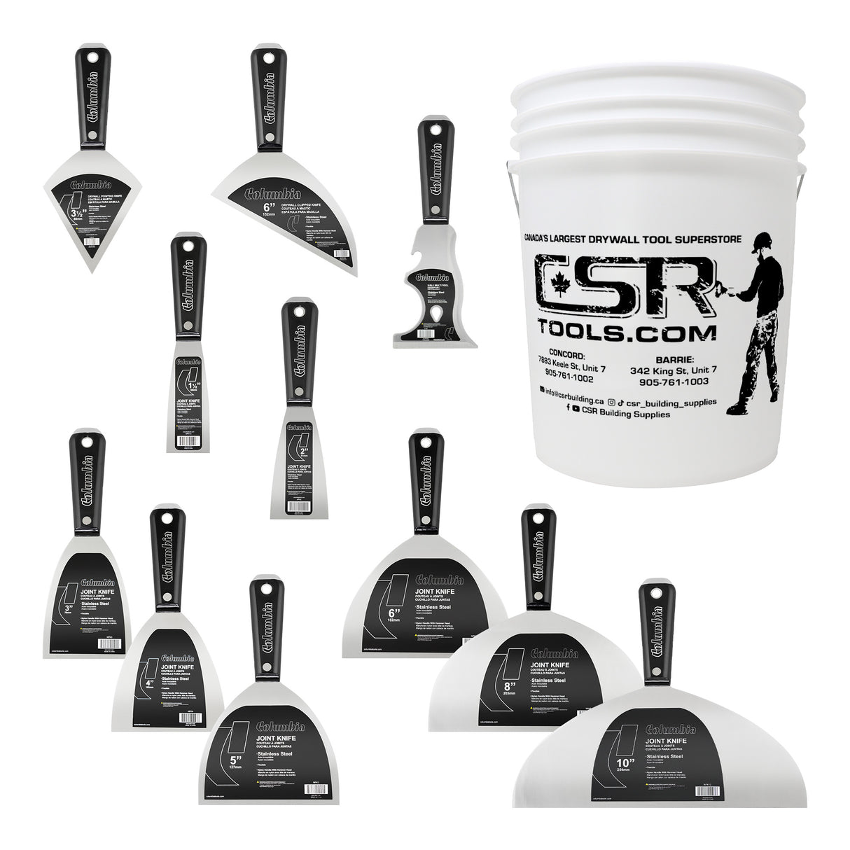 Ensemble complet de couteaux à mastic en acier inoxydable Columbia avec seau