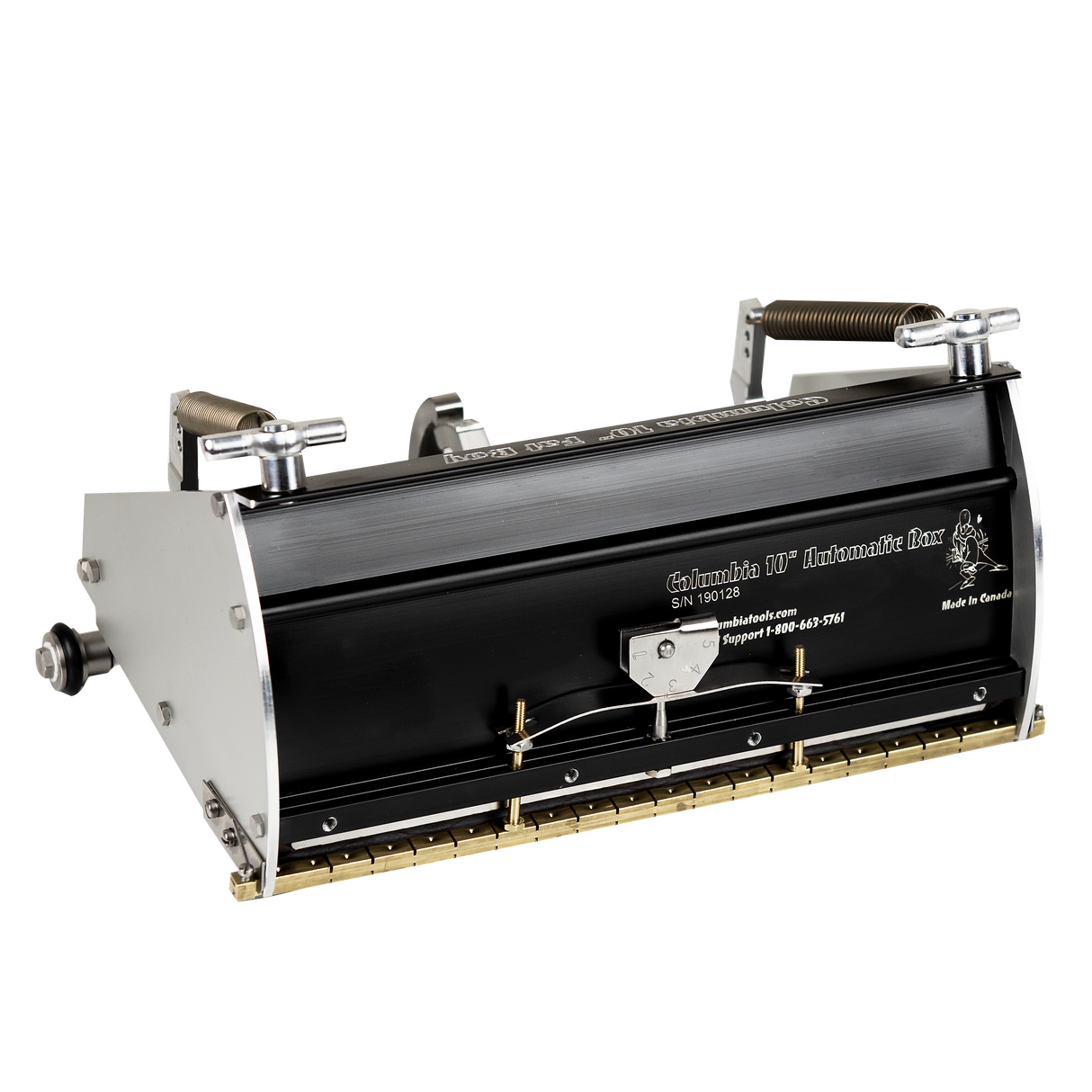 10-inch Columbia Automatic Fat Boy Finishing Box made from billet aluminum with a black painted finish, steel components, a brass blade holder, and wheels