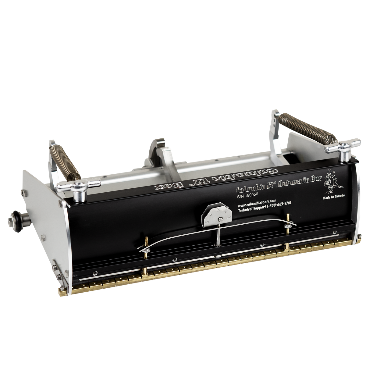 12-inch Columbia Automatic Flat Finishing Box made from billet aluminum with a black painted finish, steel components, a brass blade holder, and wheels