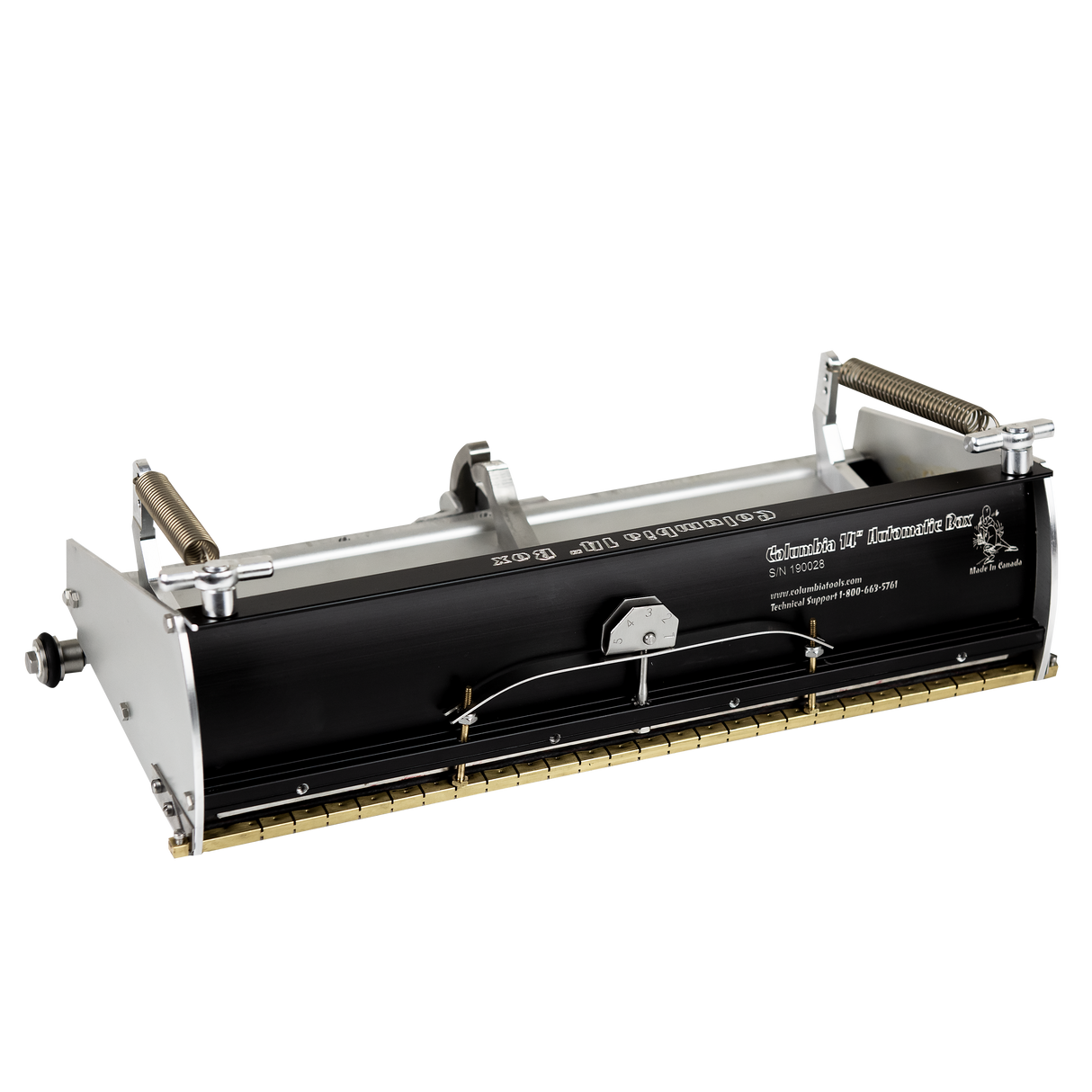 14-inch Columbia Automatic Flat Finishing Box made from billet aluminum with a black painted finish, steel components, a brass blade holder, and wheels