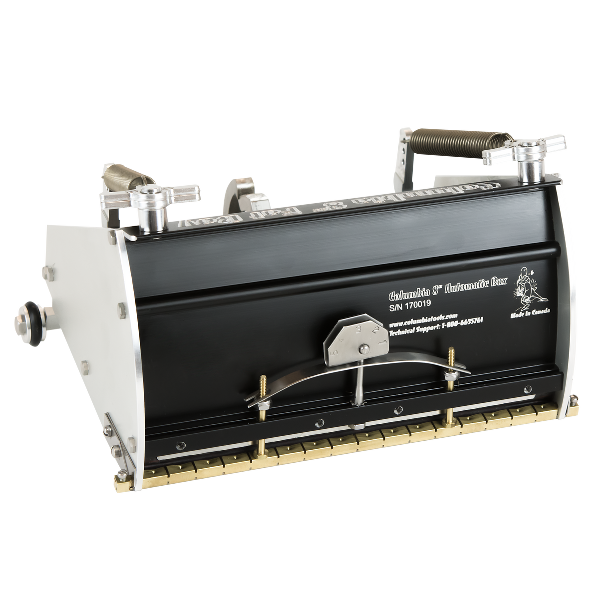 8-inch Columbia Automatic Fat Boy Finishing Box made from billet aluminum with a black painted finish, steel components, a brass blade holder, and wheels