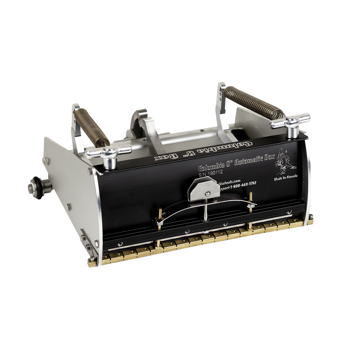 8-inch Columbia Automatic Flat Finishing Box made from billet aluminum with a black painted finish, steel components, a brass blade holder, and wheels