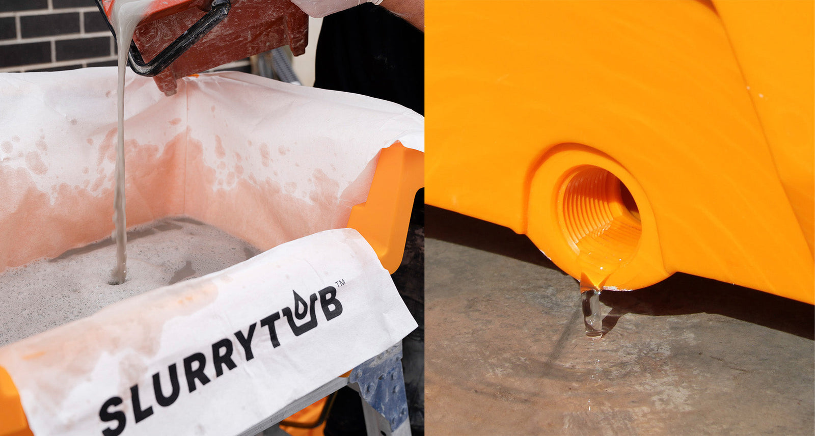 A contractor pouring wet waste into the SlurryTub® with clear water coming out of the drain hole 