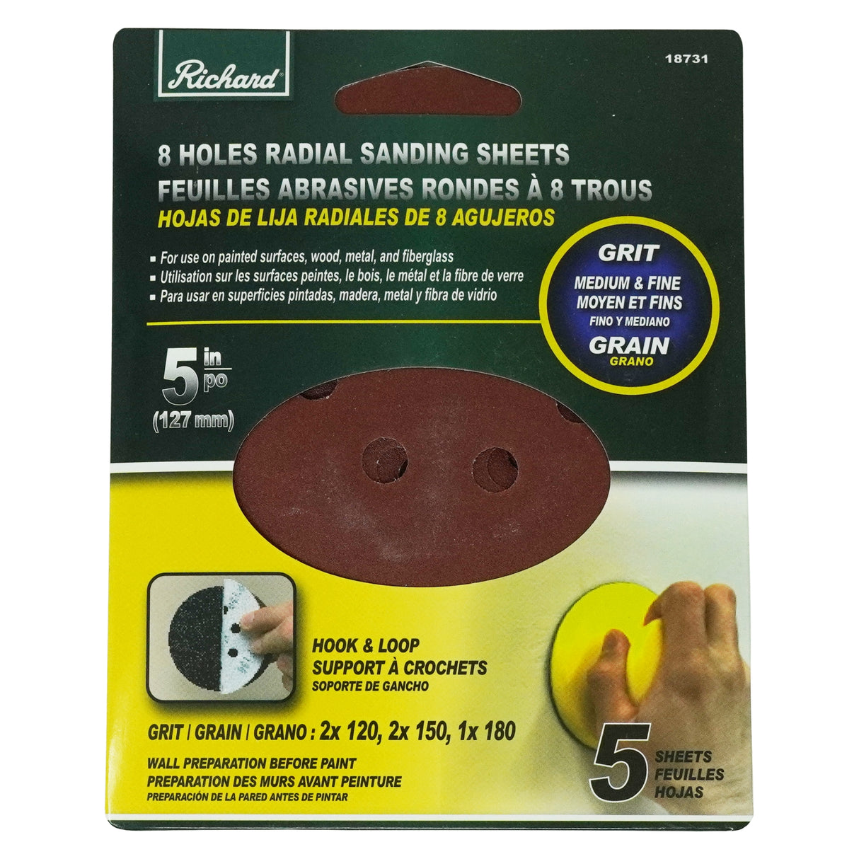 Feuilles abrasives radiales à grain mixte Richard 5" avec 8 trous (paquet de 5)