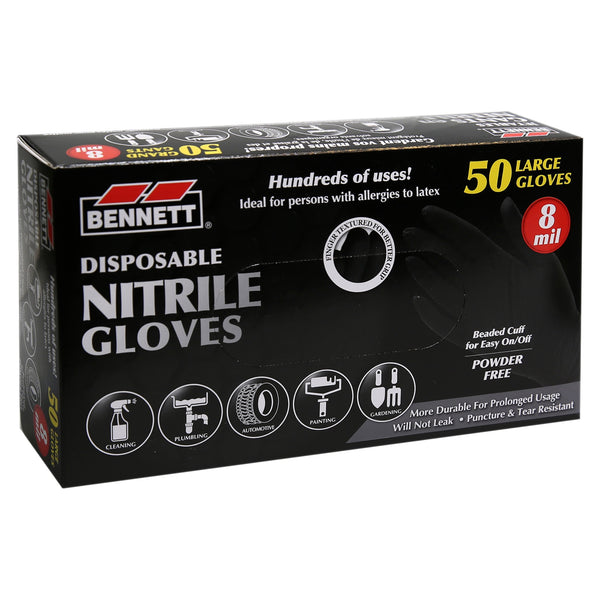Bennett Black Nitrile Disposable Gloves 8mil  - Box of 50