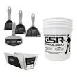 Columbia hand tool set including 3 one-piece stainless steel joint knives, bucket scoop, mud pan, and a white 5-gallon bucket