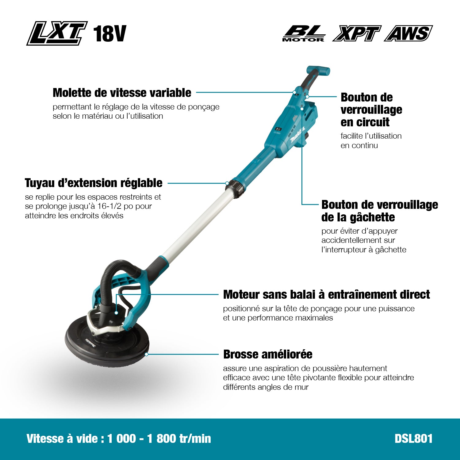 Makita DSL801ZX1 Ponceuse sans fil pour cloisons sèches avec moteur sans balais et AWS (outil uniquement)