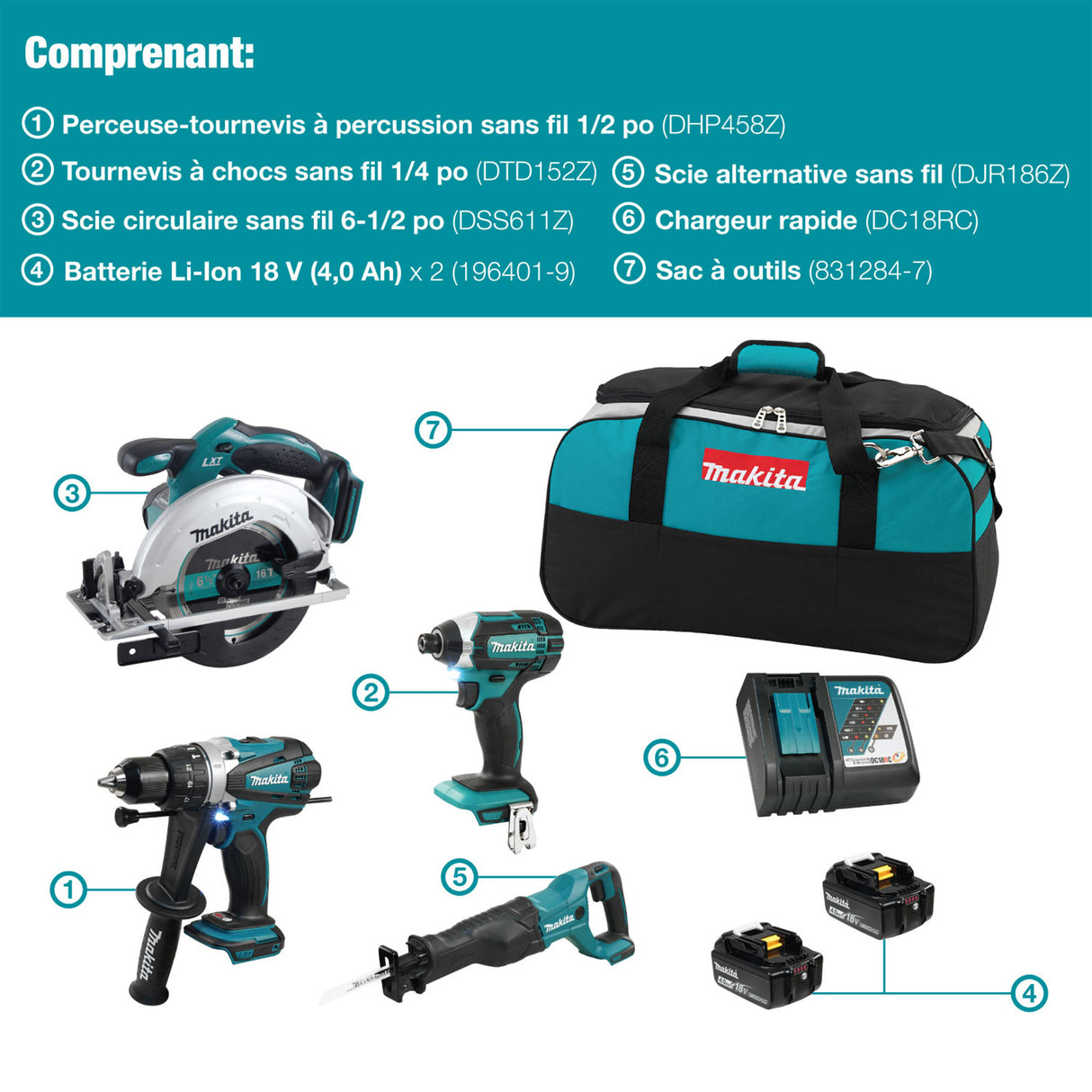 Makita DLX4058M Kit combiné de 4 outils LXT 18 V (4,0 Ah)