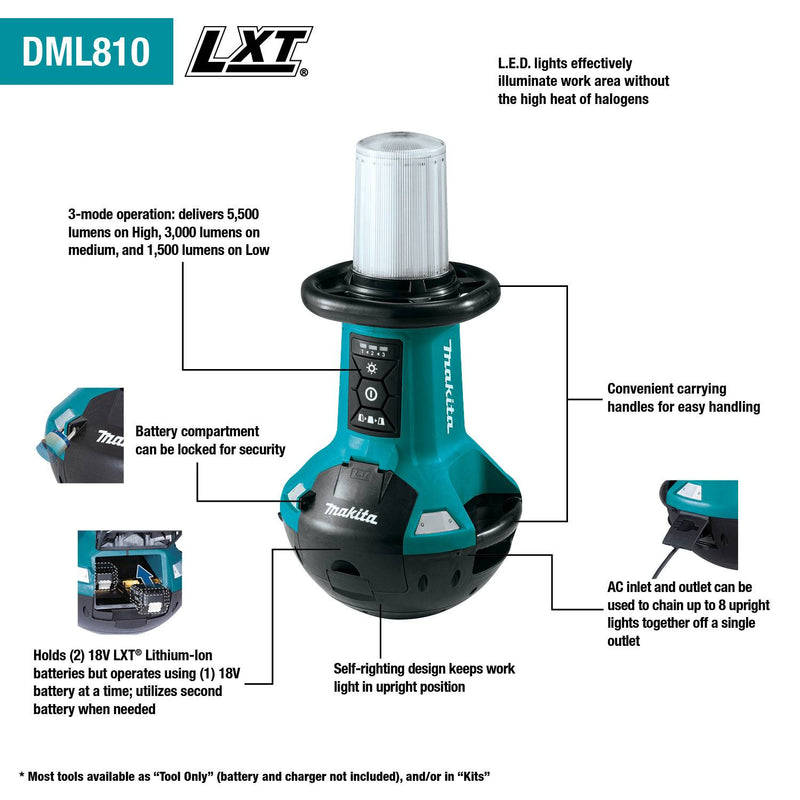 Makita DML810 18V LXT Lampe de travail LED à redressement automatique