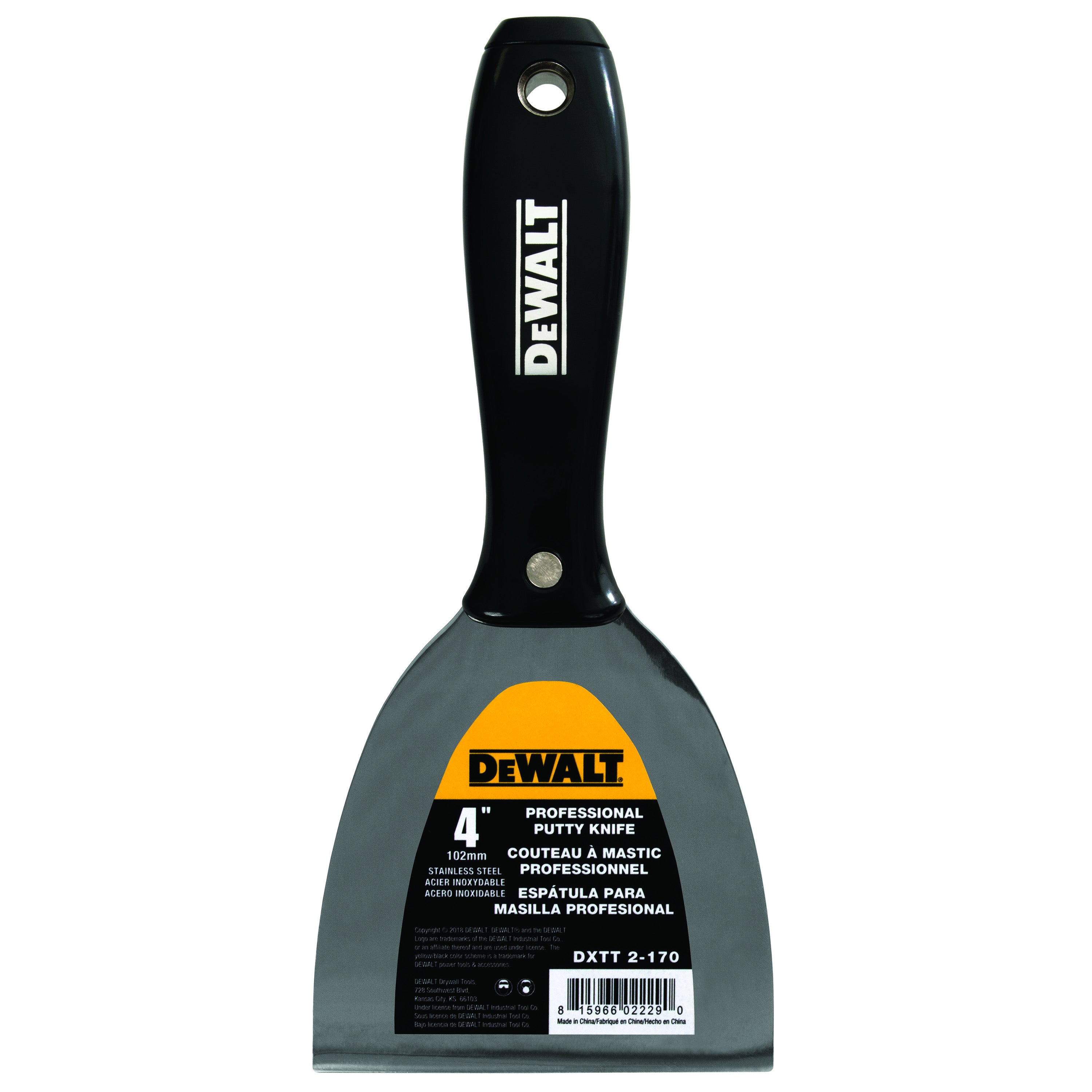 DeWalt Tools Couteau à mastic/finition en acier inoxydable - manche en plastique noir